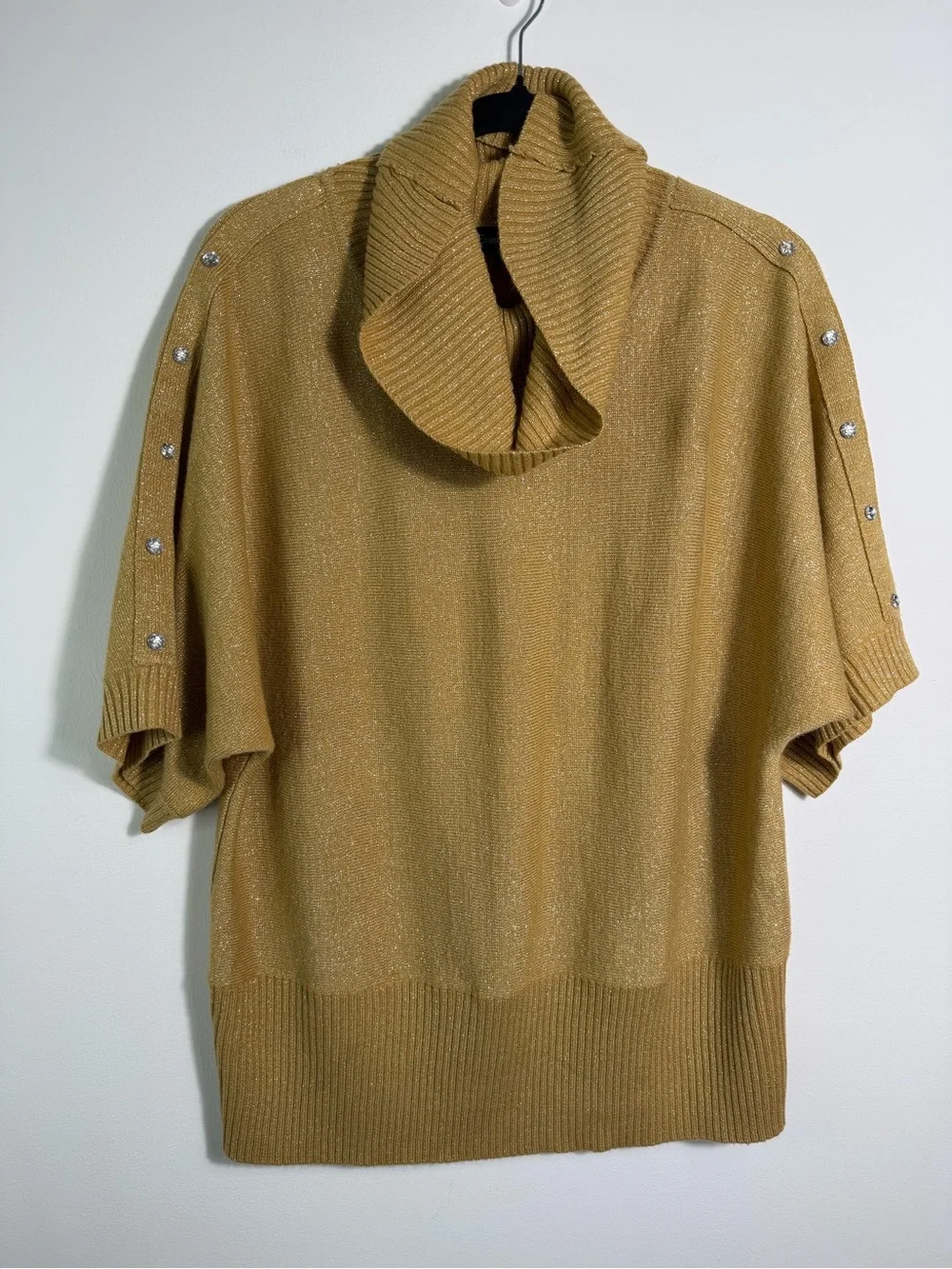 Evan-Picone Cowl Neck Short Sleeve Sweater Embellished Sleeves sparkle Gold XL